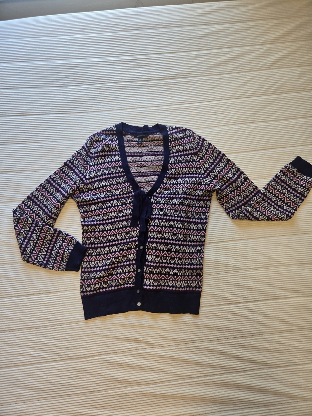 Lands' End Navy Pink Cream Patterned V-Neck Cardigan
